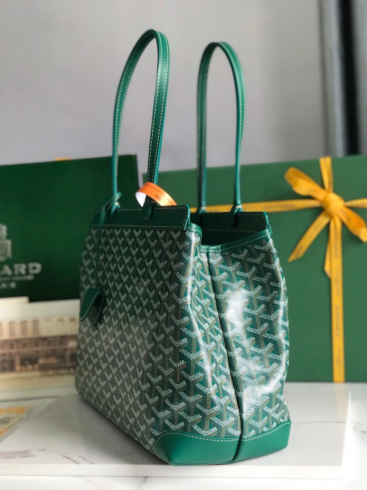 BOLSO BELLECHASSE BIAUDE PM 36 EN LONA GOYARDINE VERDE Y RIBETE DE PIEL DE BECERRO