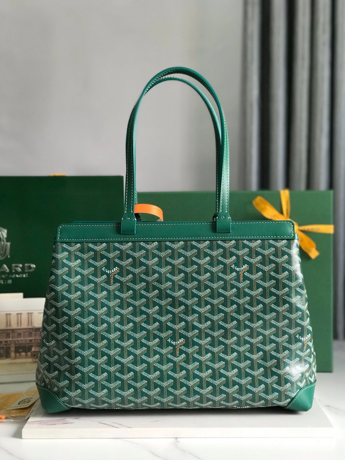 BOLSO BELLECHASSE BIAUDE PM 36 EN LONA GOYARDINE VERDE Y RIBETE DE PIEL DE BECERRO