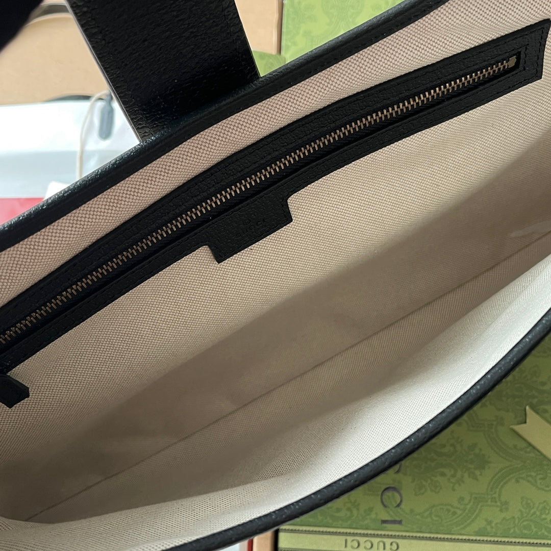 BOLSO MEDIANO APHRODITE 39 DE LONA BEIGE Y PIEL DE BECERRO NEGRA CON HERRAJES DORADOS