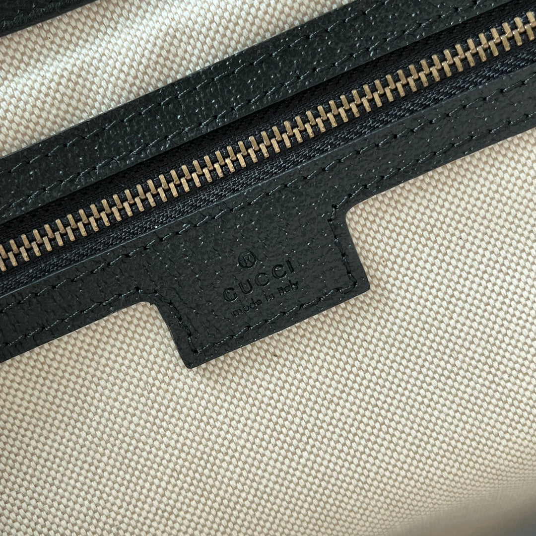 BOLSO MEDIANO APHRODITE 39 DE LONA BEIGE Y PIEL DE BECERRO NEGRA CON HERRAJES DORADOS