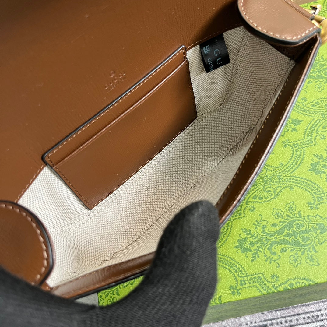 SAC À MAIN GG MINI 13 EN TOILE BEIGE ET CUIR DE VEAU MARRON