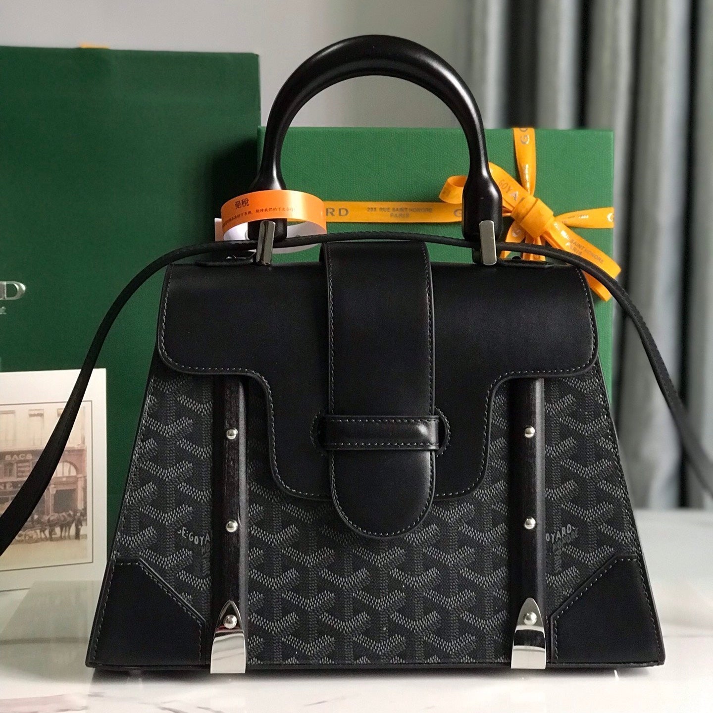 SA?GON PM BAG 28 IN BLACK GOYARDINE CANVAS AND CALFSKIN