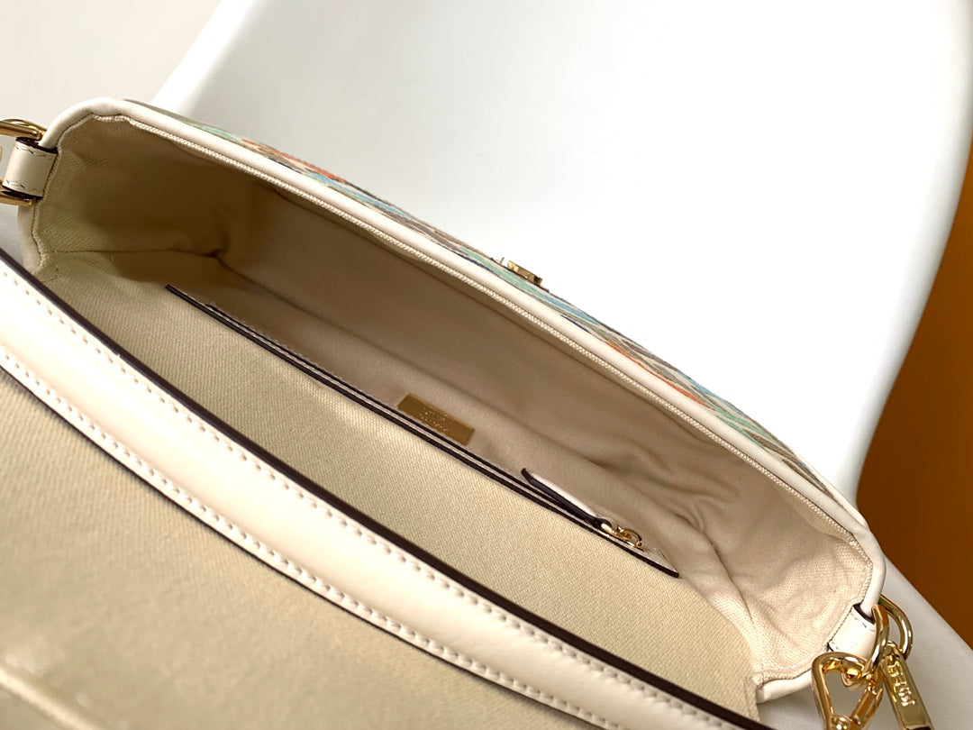 Bolso Fend Baguette de lona blanca y multicolor 27 con bordado FF Ghw