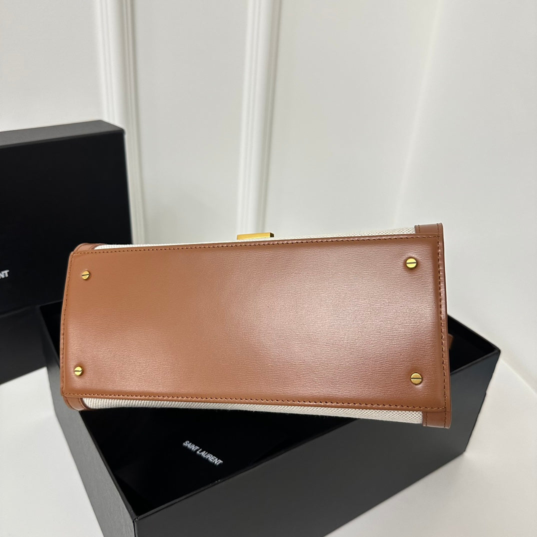 Bolso de mano SL Cassandra de dos vías con asa superior, lona beige y piel marrón