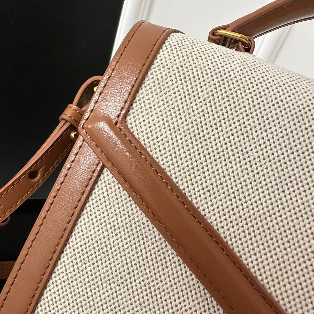 Bolso de mano SL Cassandra de dos vías con asa superior, lona beige y piel marrón
