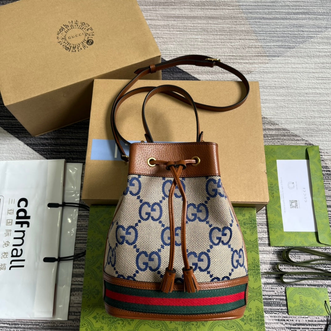 BOLSO CUBO GG OPHIDIA PEQUEÑO DE 26 LONA BEIGE Y PIEL DE BECERRO MARRÓN