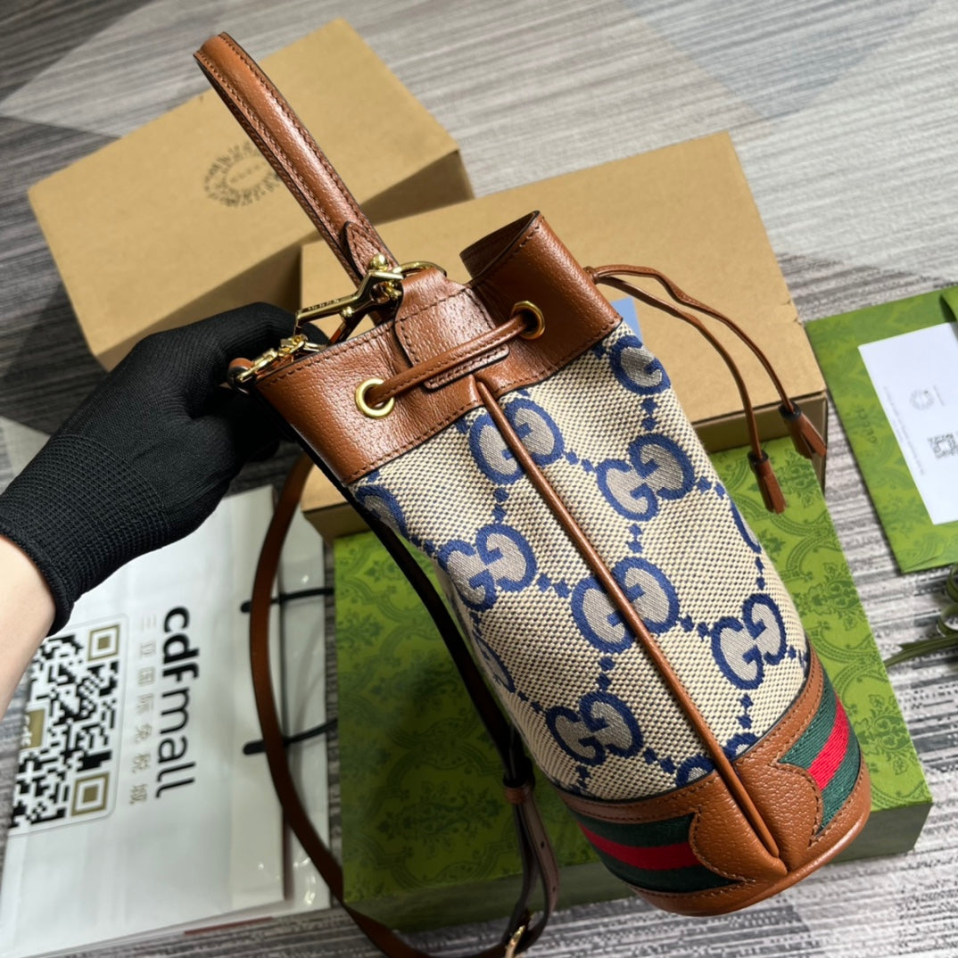 BOLSO CUBO GG OPHIDIA PEQUEÑO DE 26 LONA BEIGE Y PIEL DE BECERRO MARRÓN