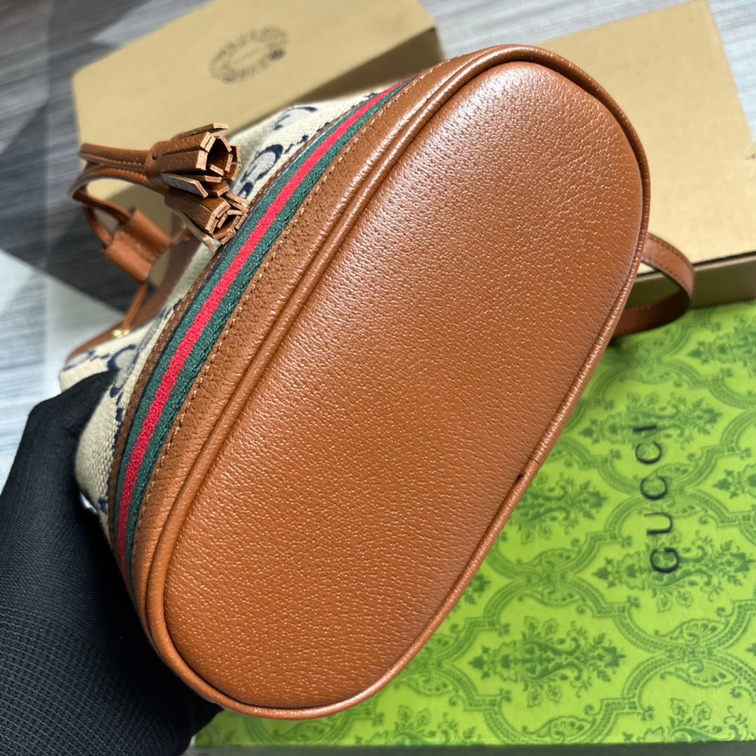 BOLSO CUBO GG OPHIDIA PEQUEÑO DE 26 LONA BEIGE Y PIEL DE BECERRO MARRÓN