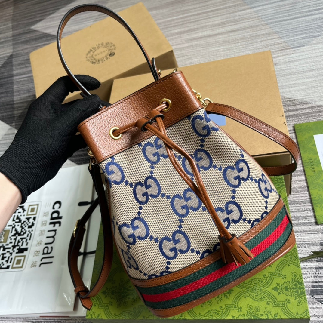 BOLSO CUBO GG OPHIDIA PEQUEÑO DE 26 LONA BEIGE Y PIEL DE BECERRO MARRÓN
