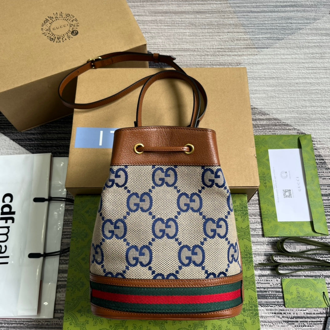 BOLSO CUBO GG OPHIDIA PEQUEÑO DE 26 LONA BEIGE Y PIEL DE BECERRO MARRÓN