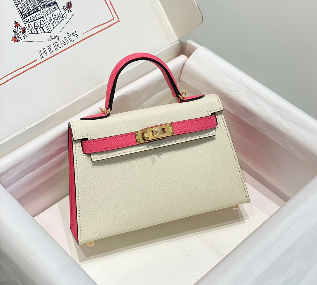 HM Mini Kelly 19 cm Crema Rosa Epsom Herrajes Dorados
