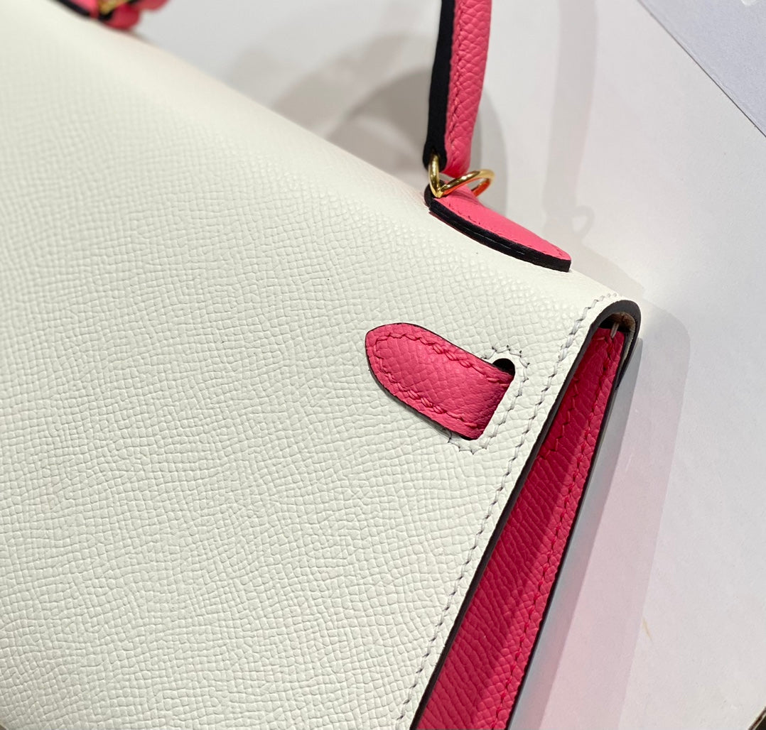 HM Mini Kelly 19 cm Crema Rosa Epsom Herrajes Dorados
