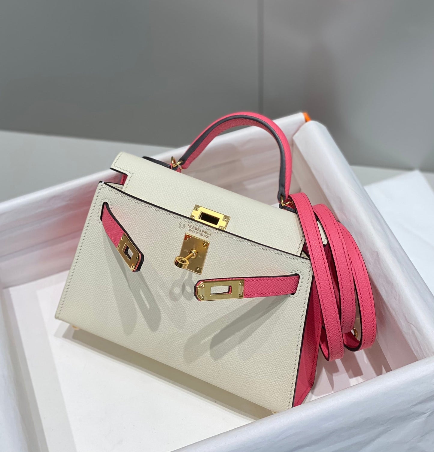 HM Mini Kelly 19 cm Crema Rosa Epsom Herrajes Dorados