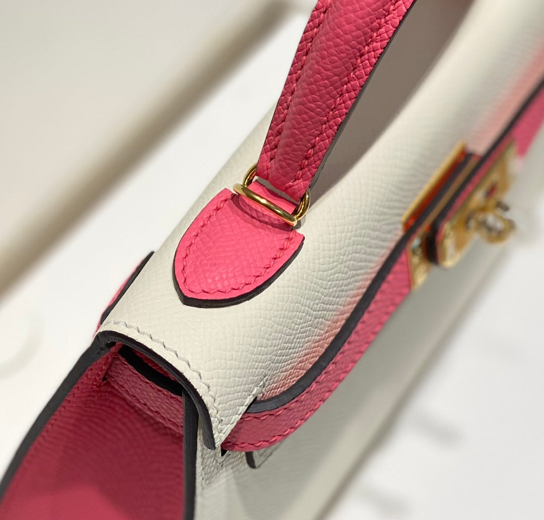 HM Mini Kelly 19 cm Crema Rosa Epsom Herrajes Dorados