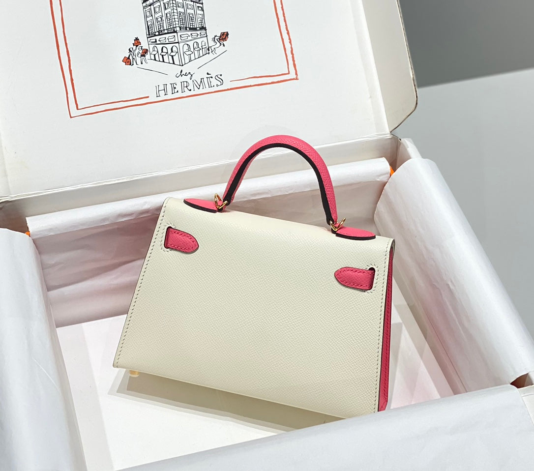 HM Mini Kelly 19 cm Crema Rosa Epsom Herrajes Dorados