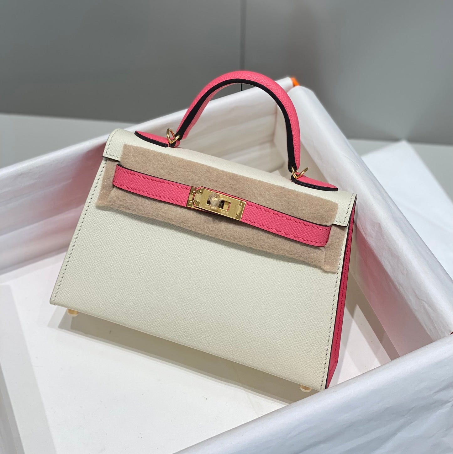 HM Mini Kelly 19 cm Crema Rosa Epsom Herrajes Dorados