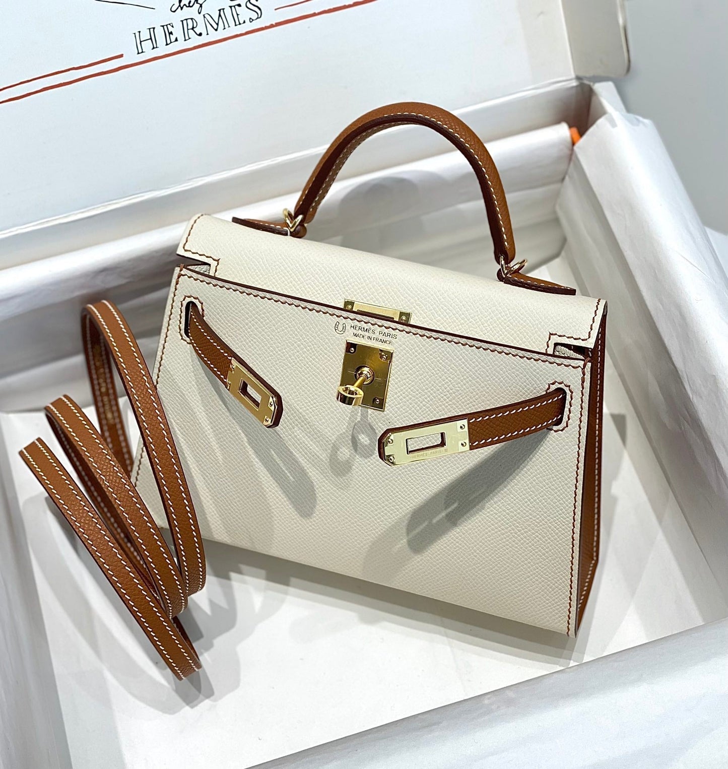 HM Mini Kelly 19 cm Crema Oro Epsom Herrajes Plata