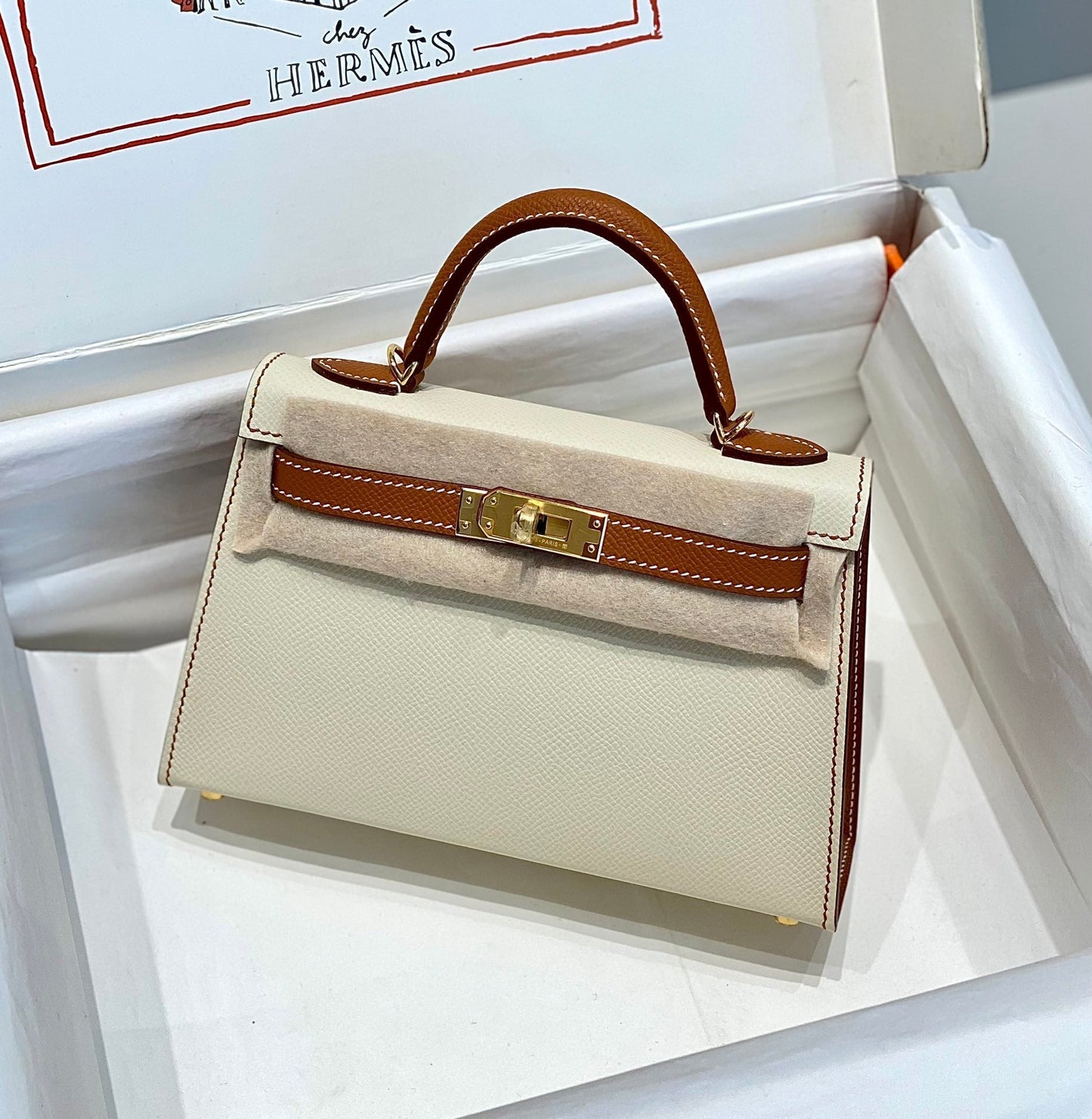 HM Mini Kelly 19 cm Crema Oro Epsom Herrajes Plata