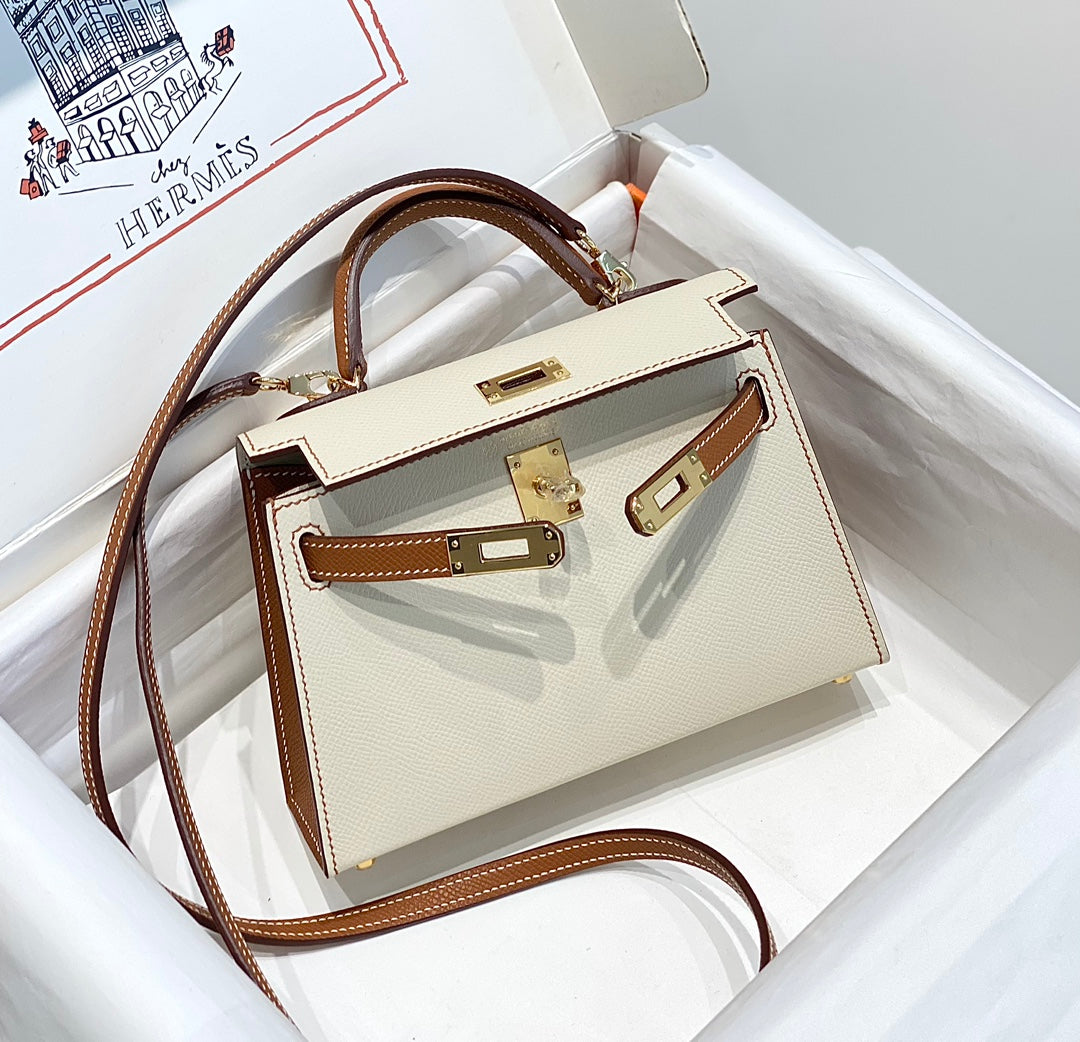 HM Mini Kelly 19 cm Crema Oro Epsom Herrajes Plata