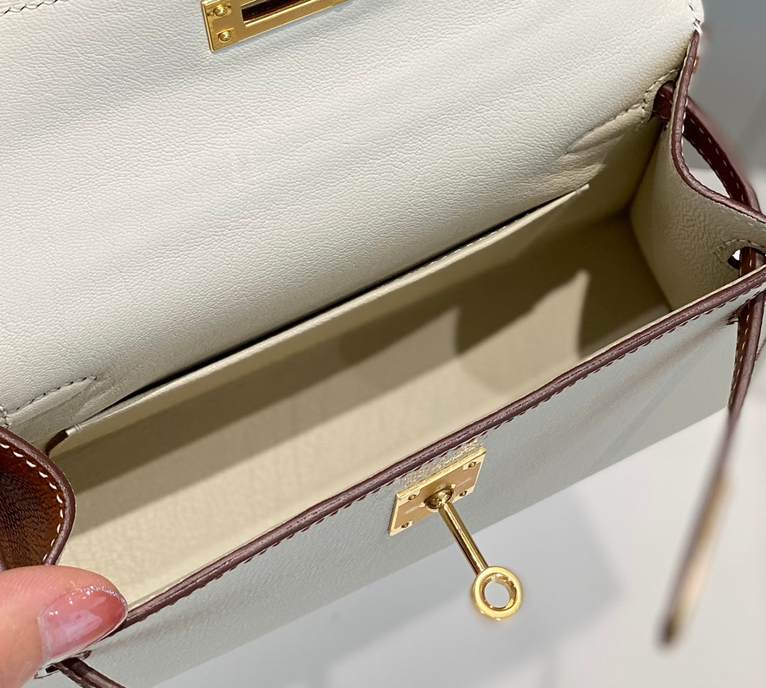 HM Mini Kelly 19 cm Crema Rosa Epsom Herrajes Dorados
