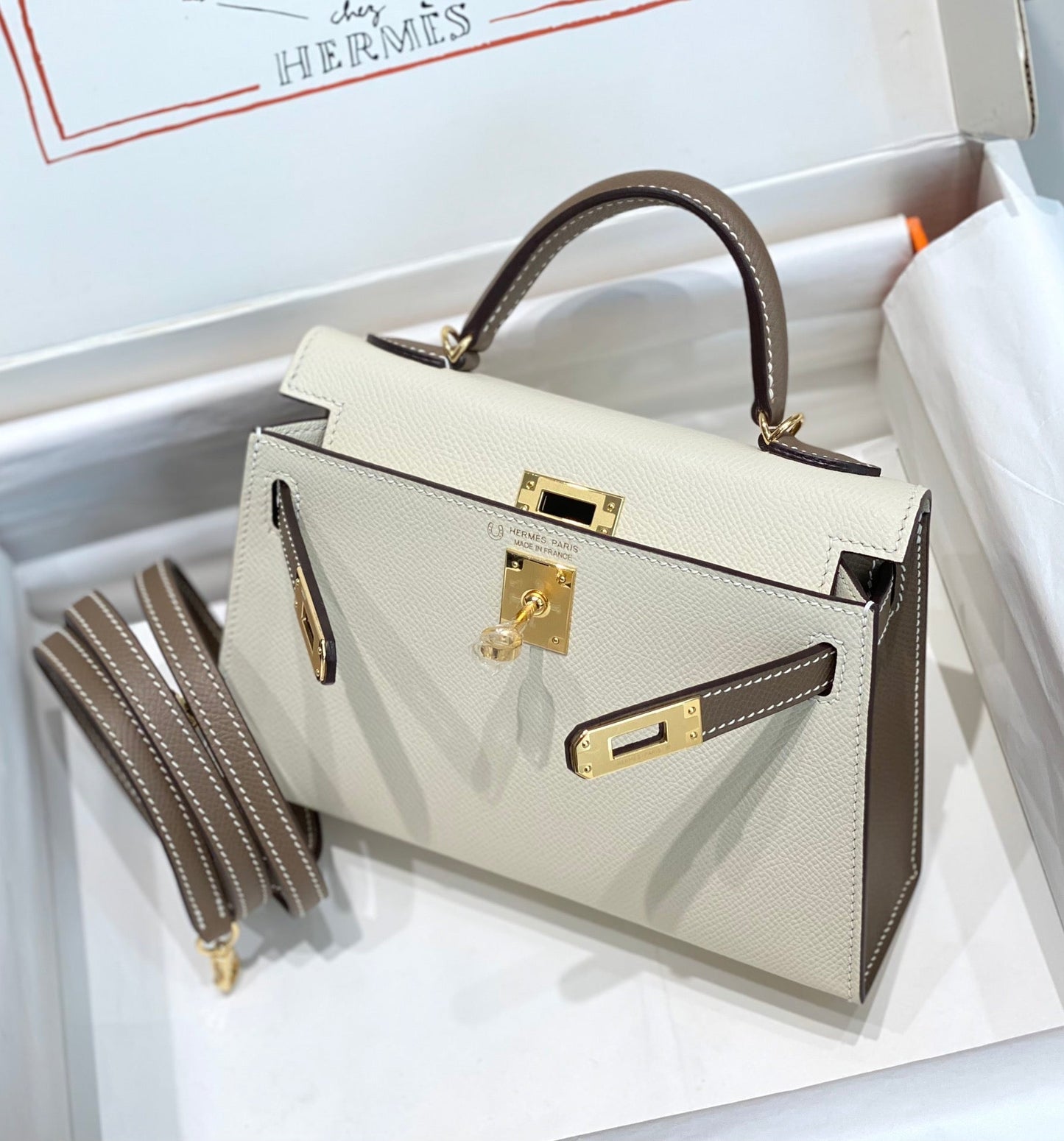 HM Mini Kelly 19 cm Crema Etoupe Epsom Herrajes dorados