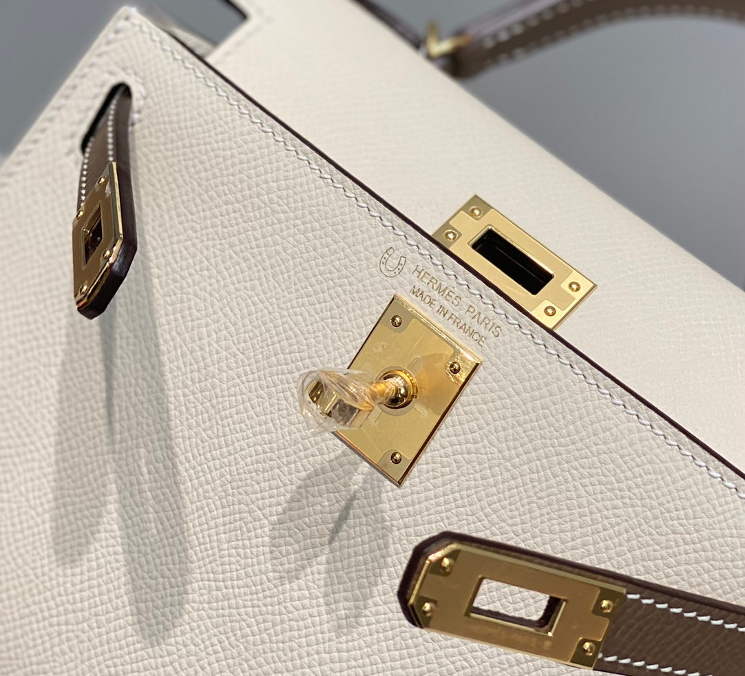 HM Mini Kelly 19 cm Crema Etoupe Epsom Herrajes dorados