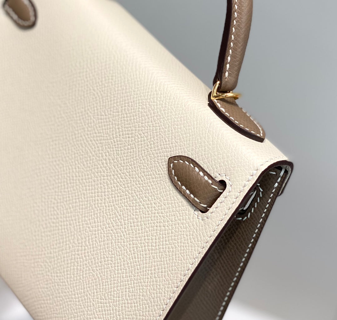 HM Mini Kelly 19 cm Crema Etoupe Epsom Herrajes dorados