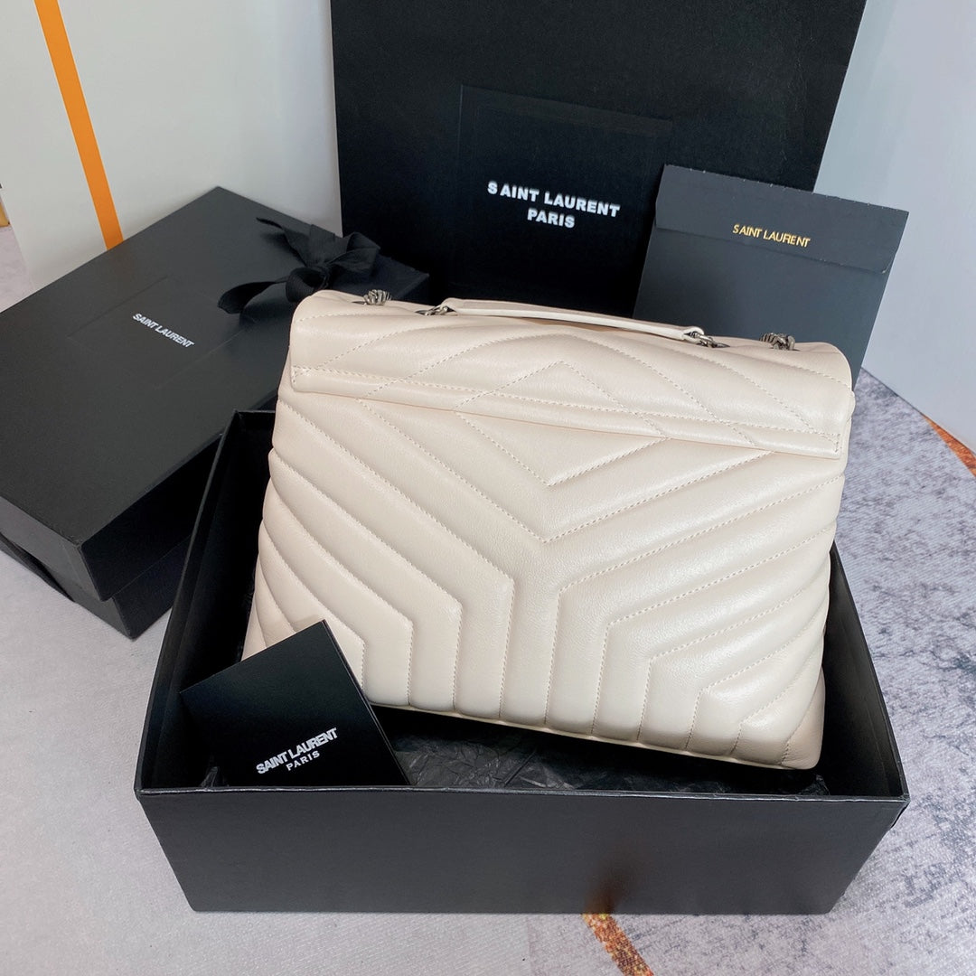 LOULOU MEDIUM 32 WHITE QUILTED LEATHER SILVER HARDWARE