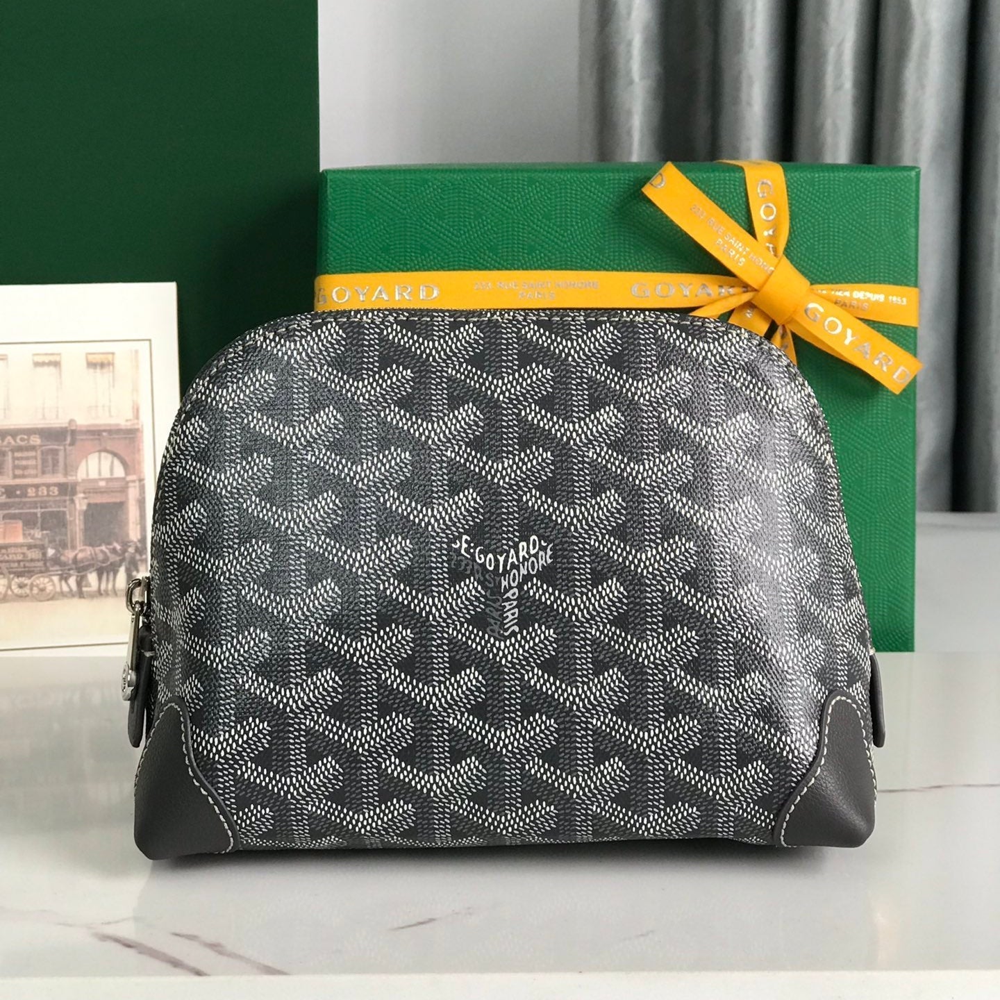 BOLSA DE COSMÉTICOS VEND?ME 17 EN LONA GOYARDINE GRIS NEGRA Y RIBETE DE PIEL DE BECERRO
