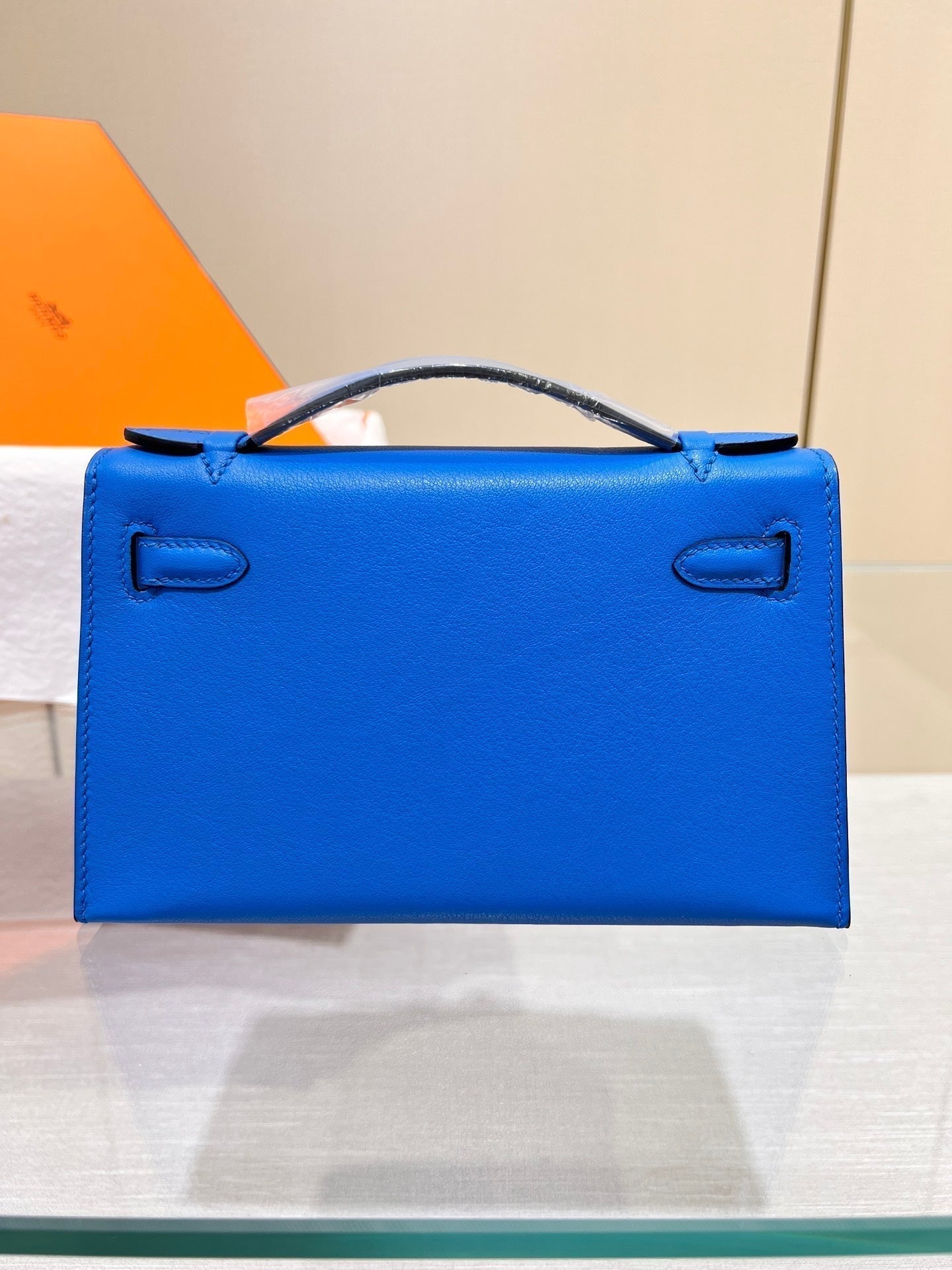 BOLSO DE POCHETTE HM KELLY 22 CM AZUL SWIFT CON HERRAJES DE PLATA