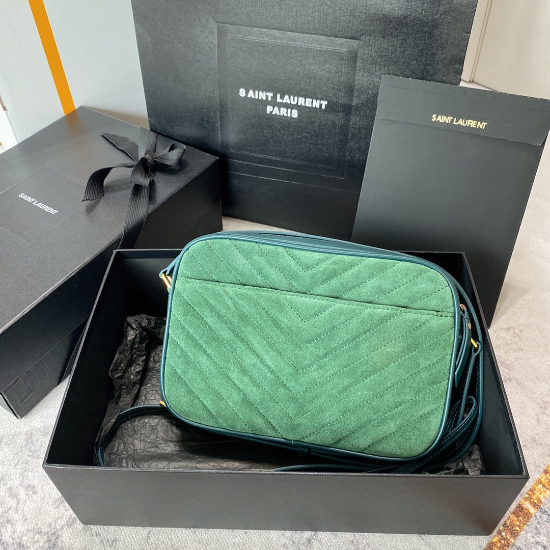 LOU CAMERA BAG 23 IN GREENISH SUEDE AND CALFSKIN TRIM