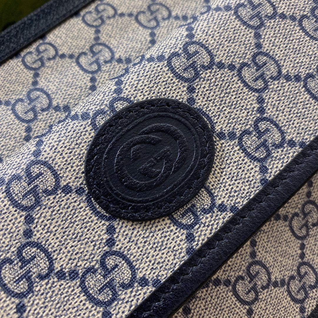 BOLSO BANDOLERA GG PEQUEÑO 21 CON ETIQUETA EN LONA BEIGE Y PIEL DE BECERRO NEGRA