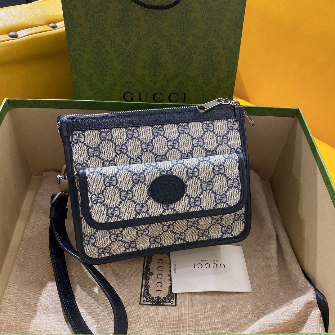 BOLSO BANDOLERA GG PEQUEÑO 21 CON ETIQUETA EN LONA BEIGE Y PIEL DE BECERRO NEGRA