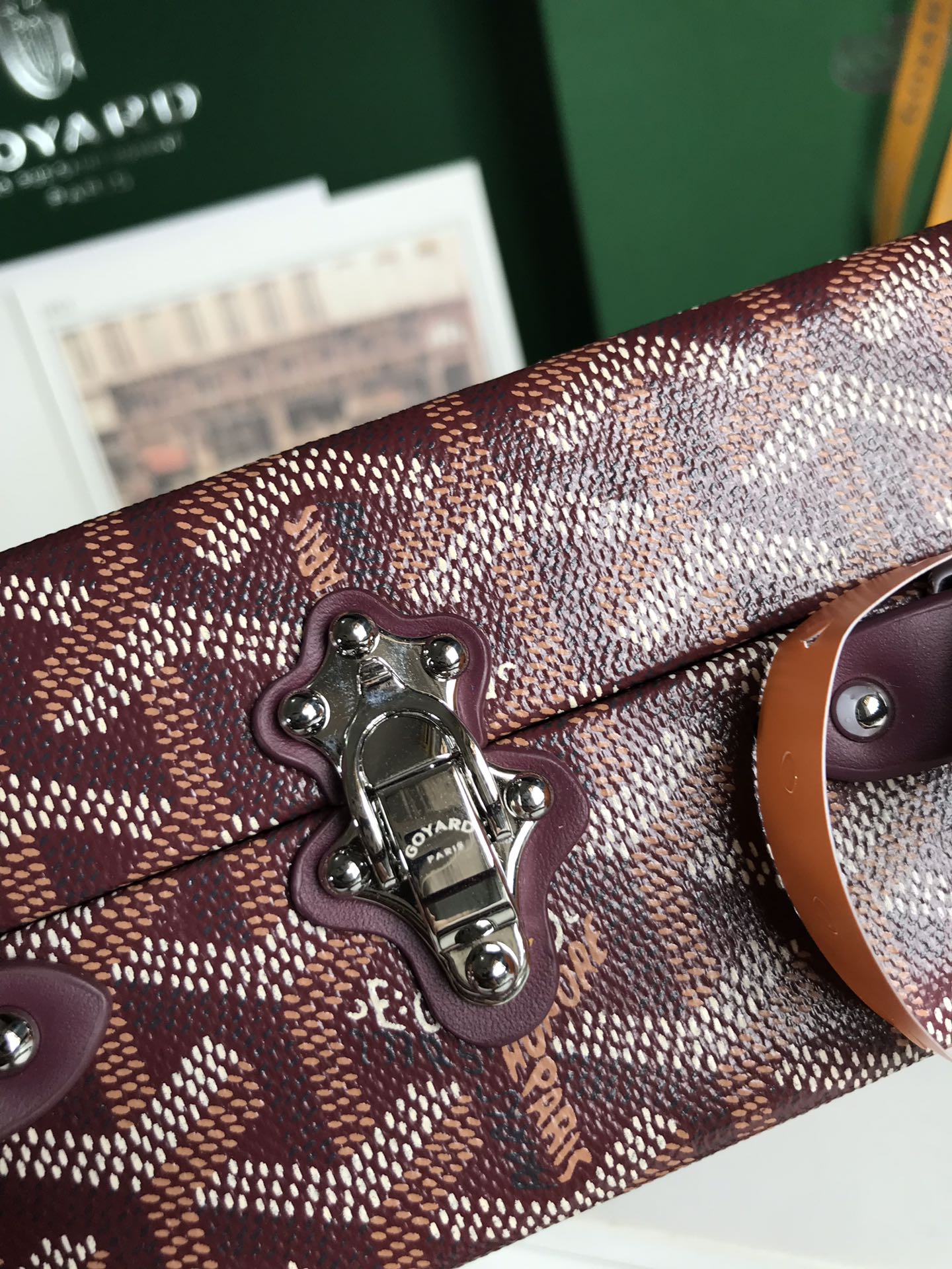 GRAND H?TEL TRUNK BAG 24 IN BURGUNDY RED GOYARDINE CANVAS AND CALFSKIN