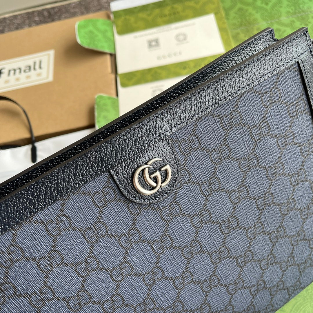 Pochette Ophidia 26 en toile monogrammée bleu foncé et bordure en cuir d'agneau noir