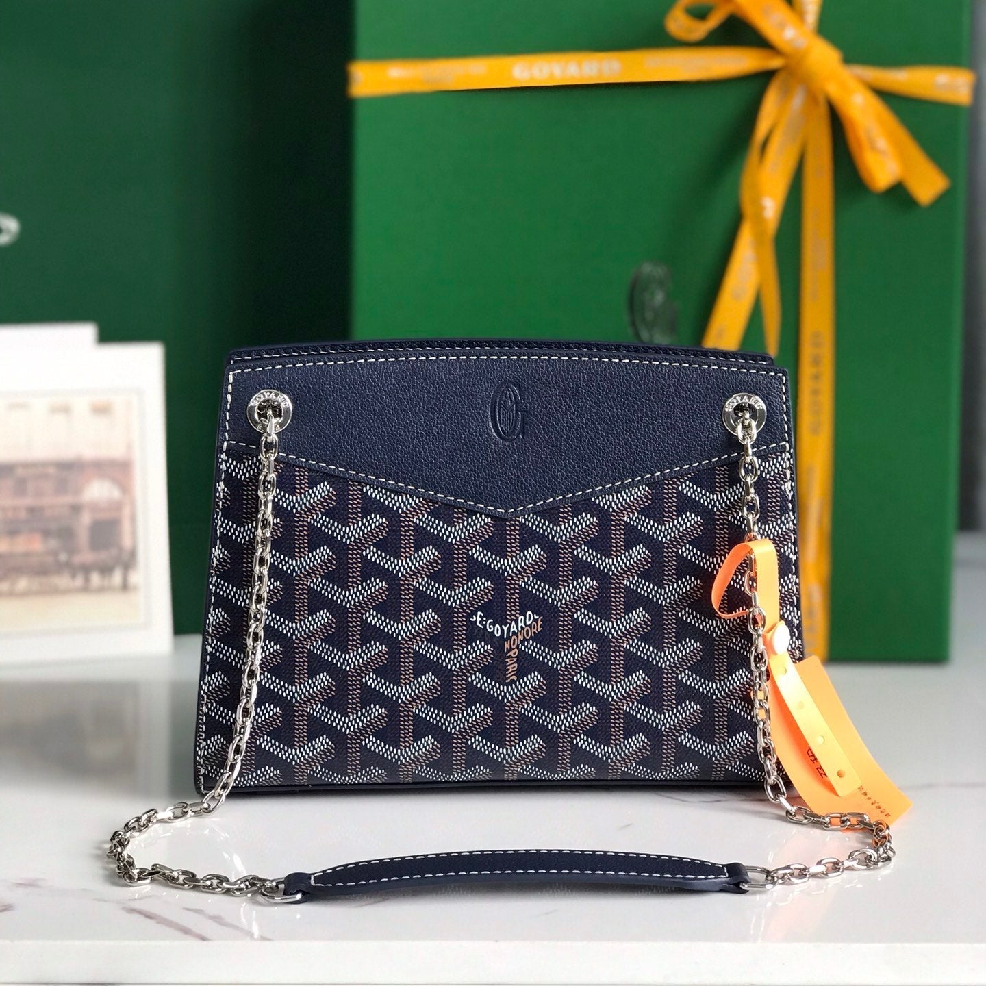 MINI BOLSO ROUETTE STRUCTUR¨¦ 21 EN LONA GOYARDINE AZUL MARINO Y PIEL DE BECERRO