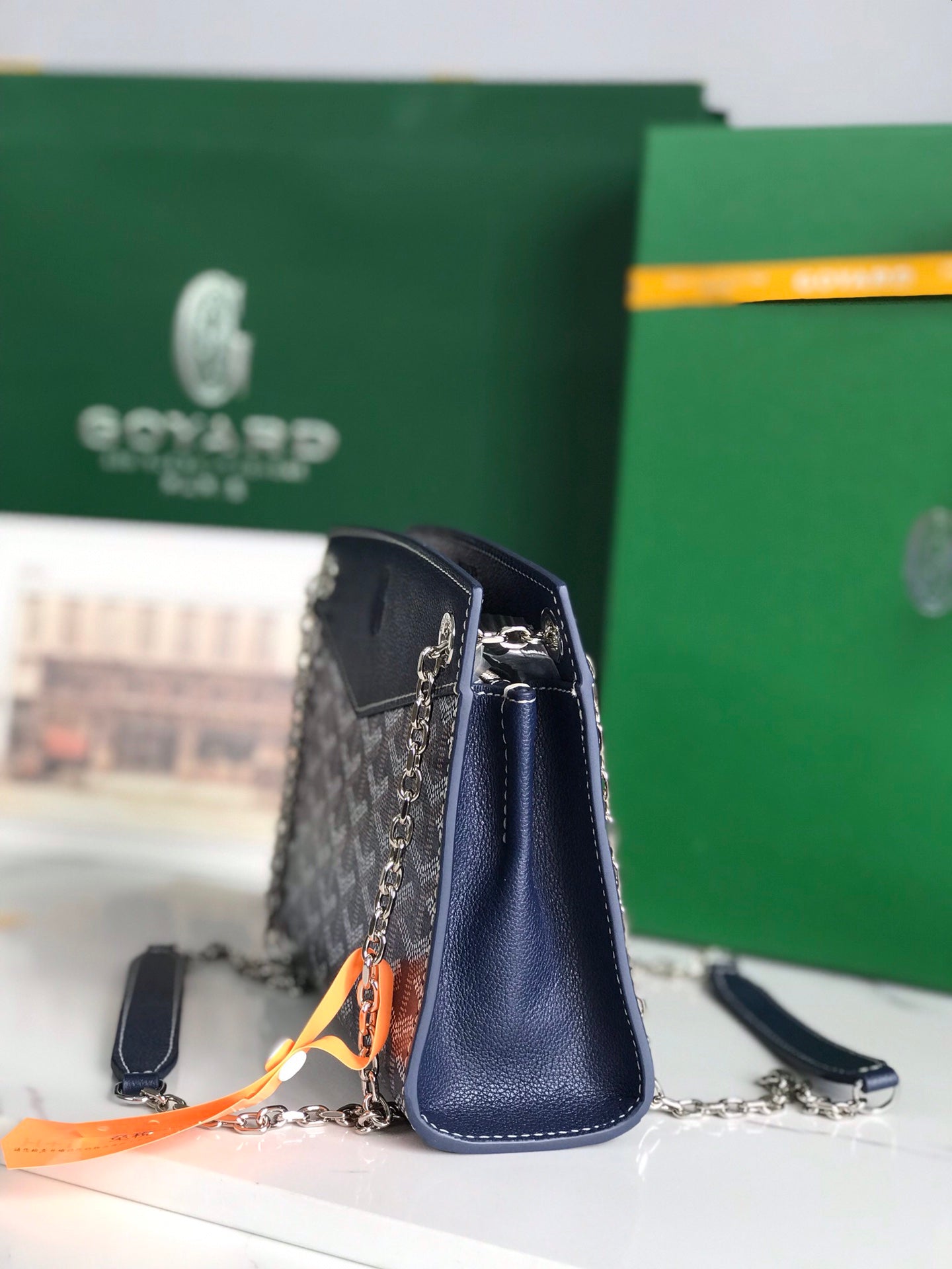MINI BOLSO ROUETTE STRUCTUR¨¦ 21 EN LONA GOYARDINE AZUL MARINO Y PIEL DE BECERRO