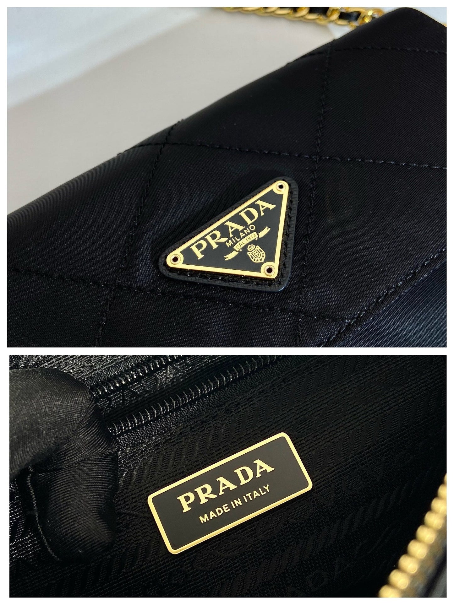 GRAND SAC À RABAT MATELASSÉ 23 EN TISSU RE-NYLON NOIR CHAÎNE DORÉ