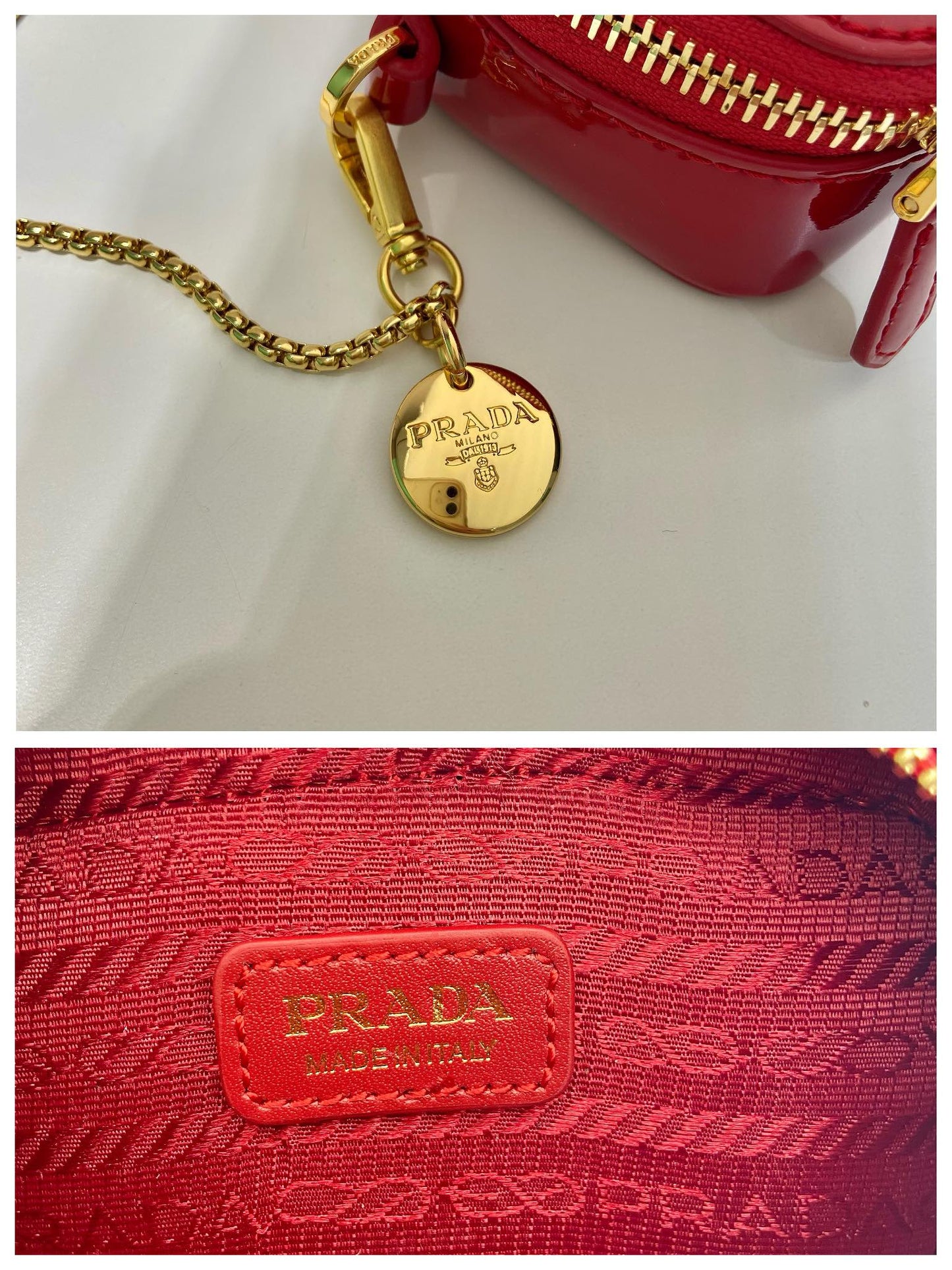 MINI BOLSO DE MANO 11 CON CORREA DORADA EN CHAROL ROJO
