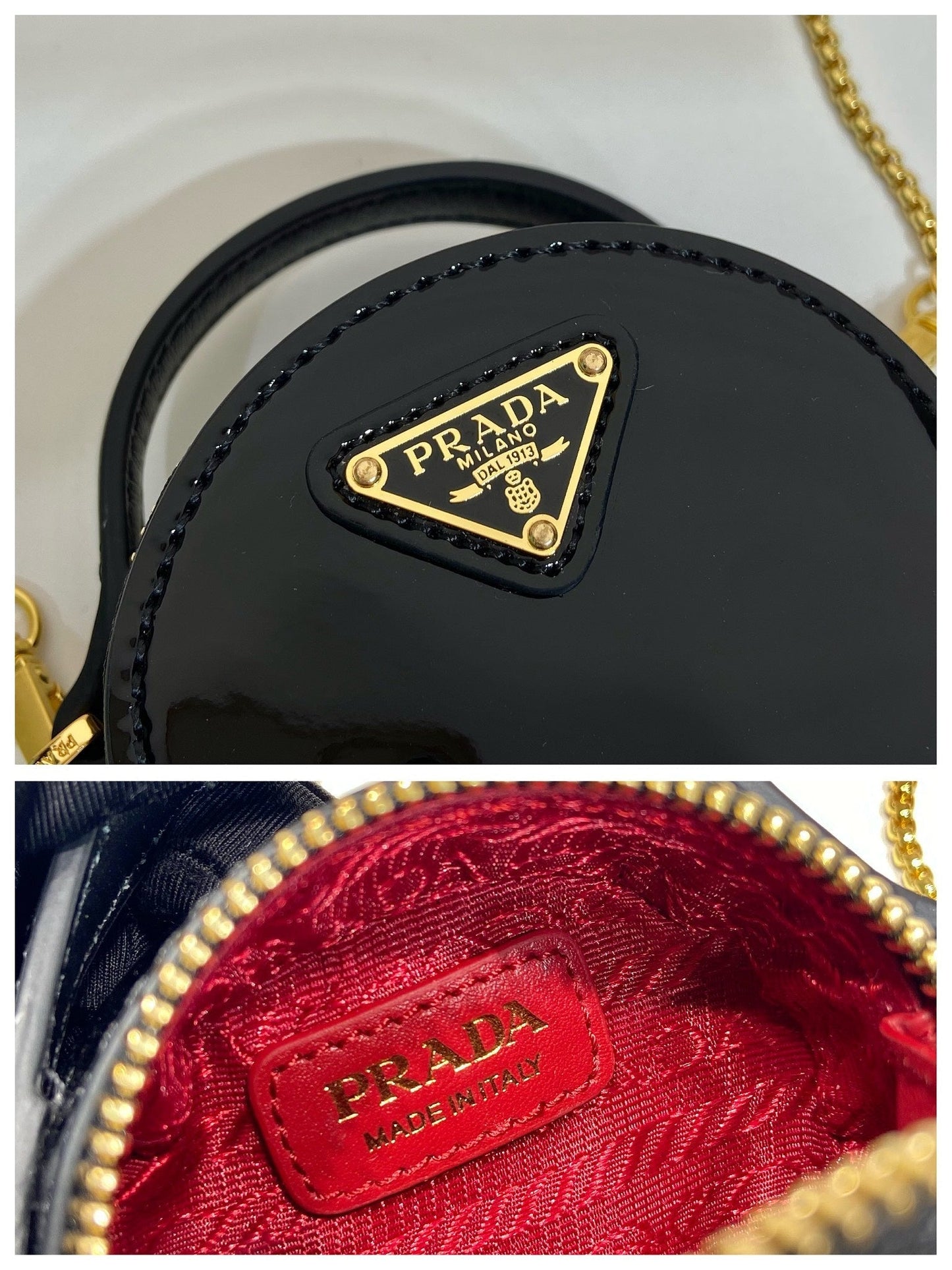 MINI BOLSO REDONDO 8 EN PIEL DE BECERRO NEGRA BRILLANTE CON HERRAJES DORADOS