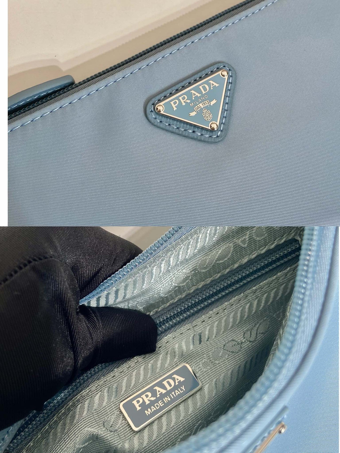 BOLSO DE HOMBRO 24 CON LOGO TRIÁNGULO EN TEJIDO RE-NYLON AZUL CIELO