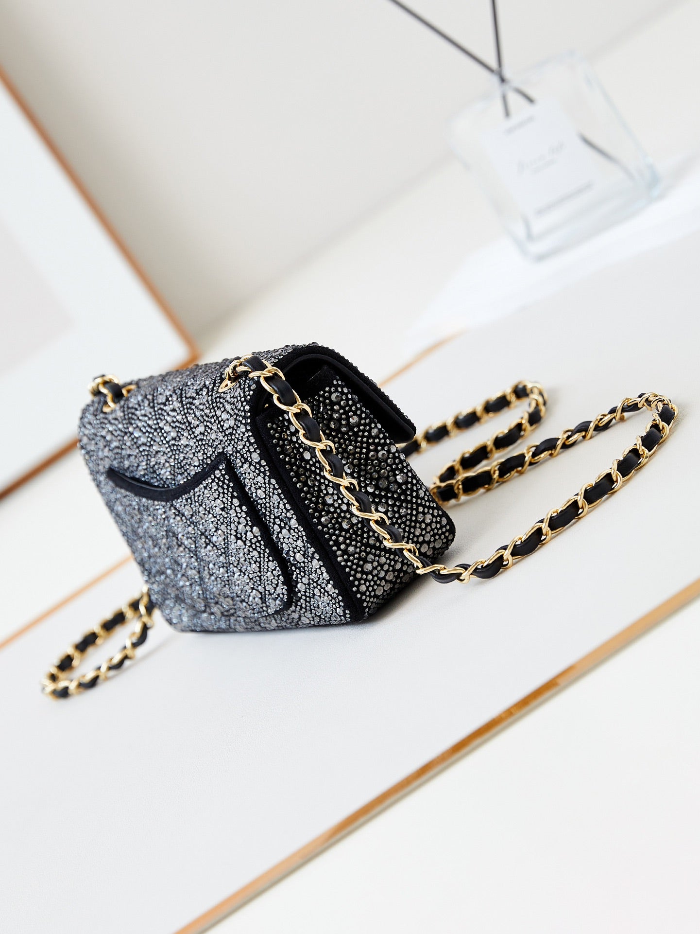 24b mini flap bag 20cm black lambskin silver diamond