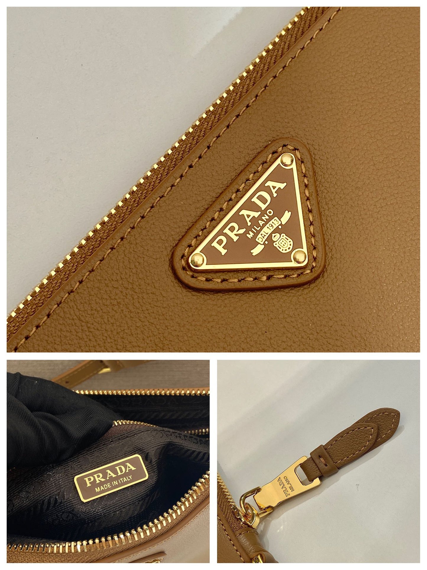 BOLSO DE HOMBRO CON LOGO TRIÁNGULO DE 24" EN PIEL DE BECERRO LISA MARRÓN CACAHUETE