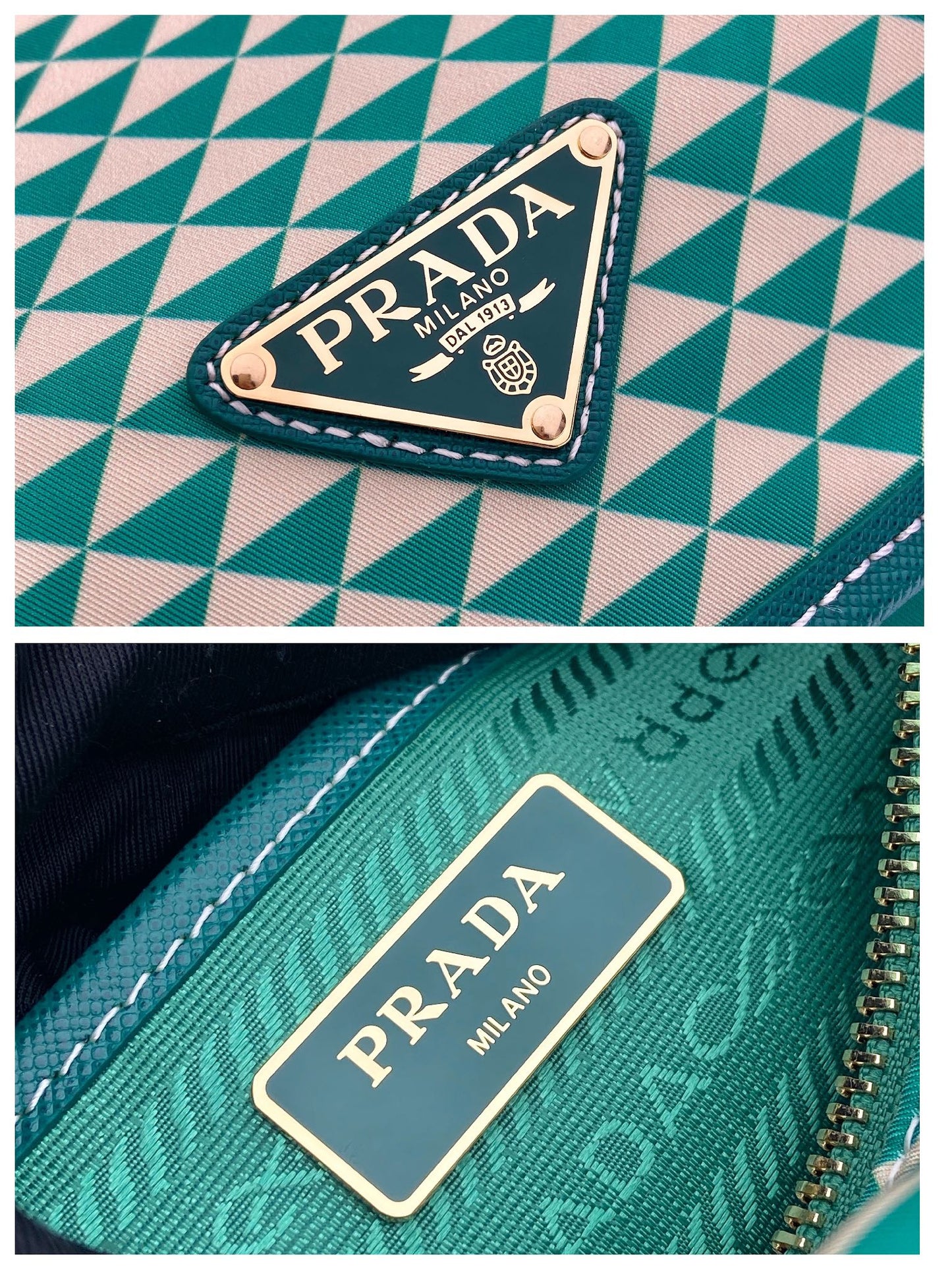 MESSENGER BAG 25 IN FOREST GREEN MIX CREAM TRIANGLE PATTERN EMBROIDERED FABRIC