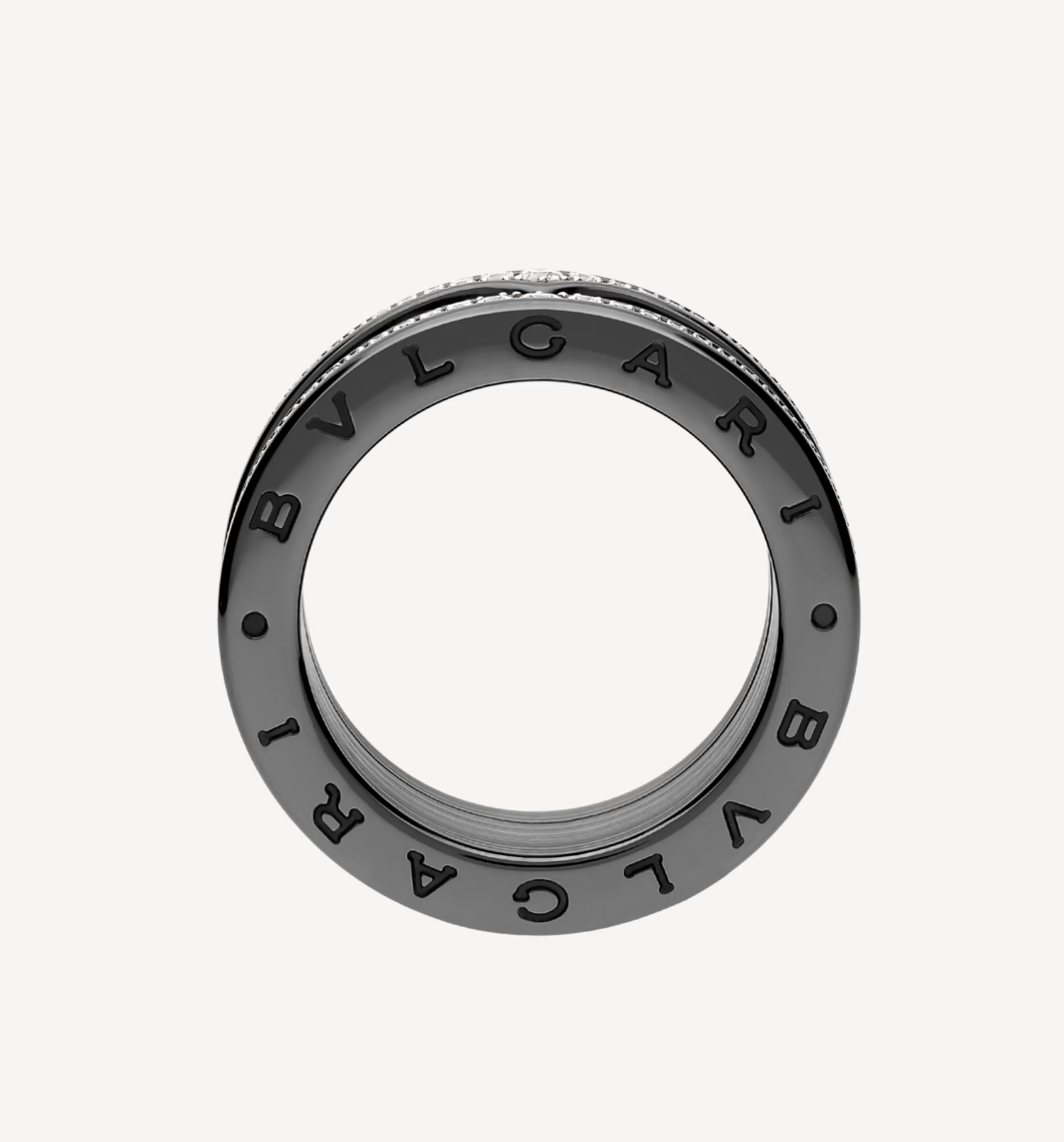 DIANA ZERO 1 ROCK FOUR-BAND BLACK CERAMIC WITH STUDDED SPIRAL AND PAVED DIAMONDS RING