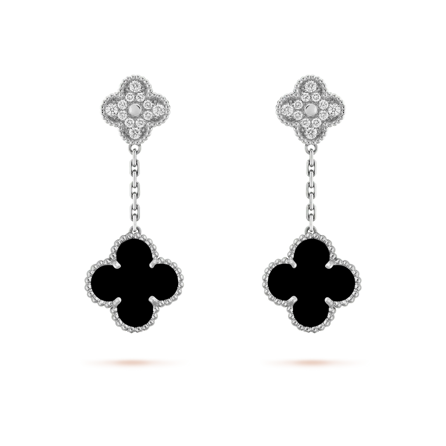 DIANA CLOVER 2 MOTIFS DIAMOND ONYX EARRINGS SILVER