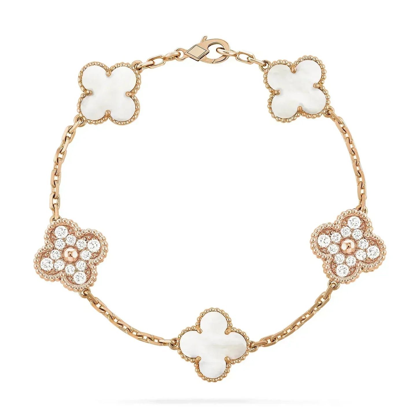 BRACELET DIANA CLOVER 5 MOTIFS NACRE BLANCHE DIAMANT