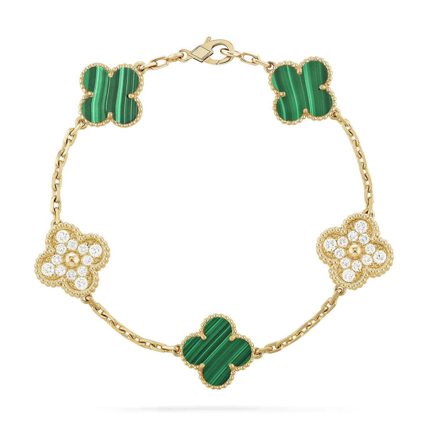 PULSERA DE DIAMANTES Y MALAQUITA CON 5 MOTIVOS DE TRÉBOL DE DIANA