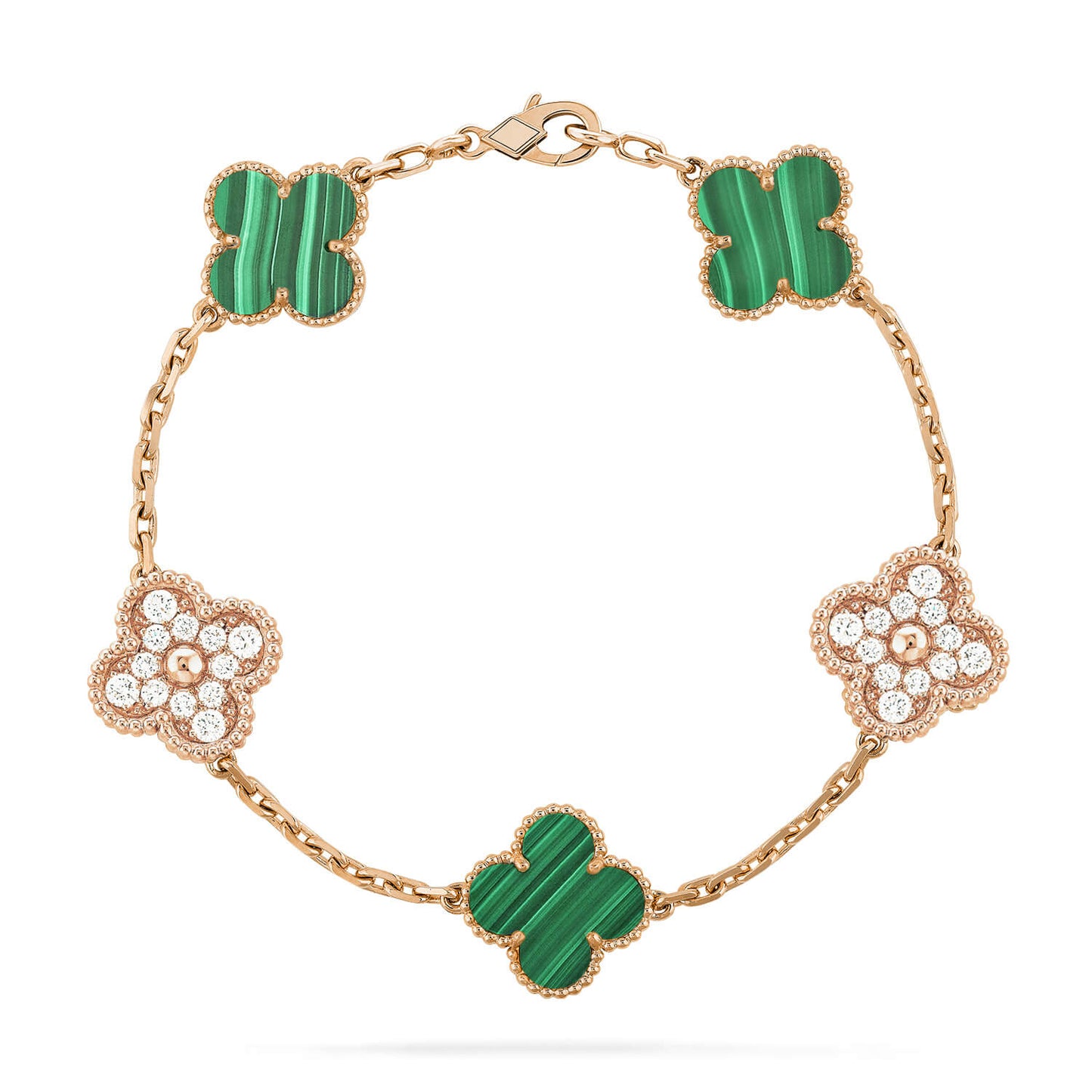 PULSERA DE DIAMANTES Y MALAQUITA CON 5 MOTIVOS DE TRÉBOL DE DIANA
