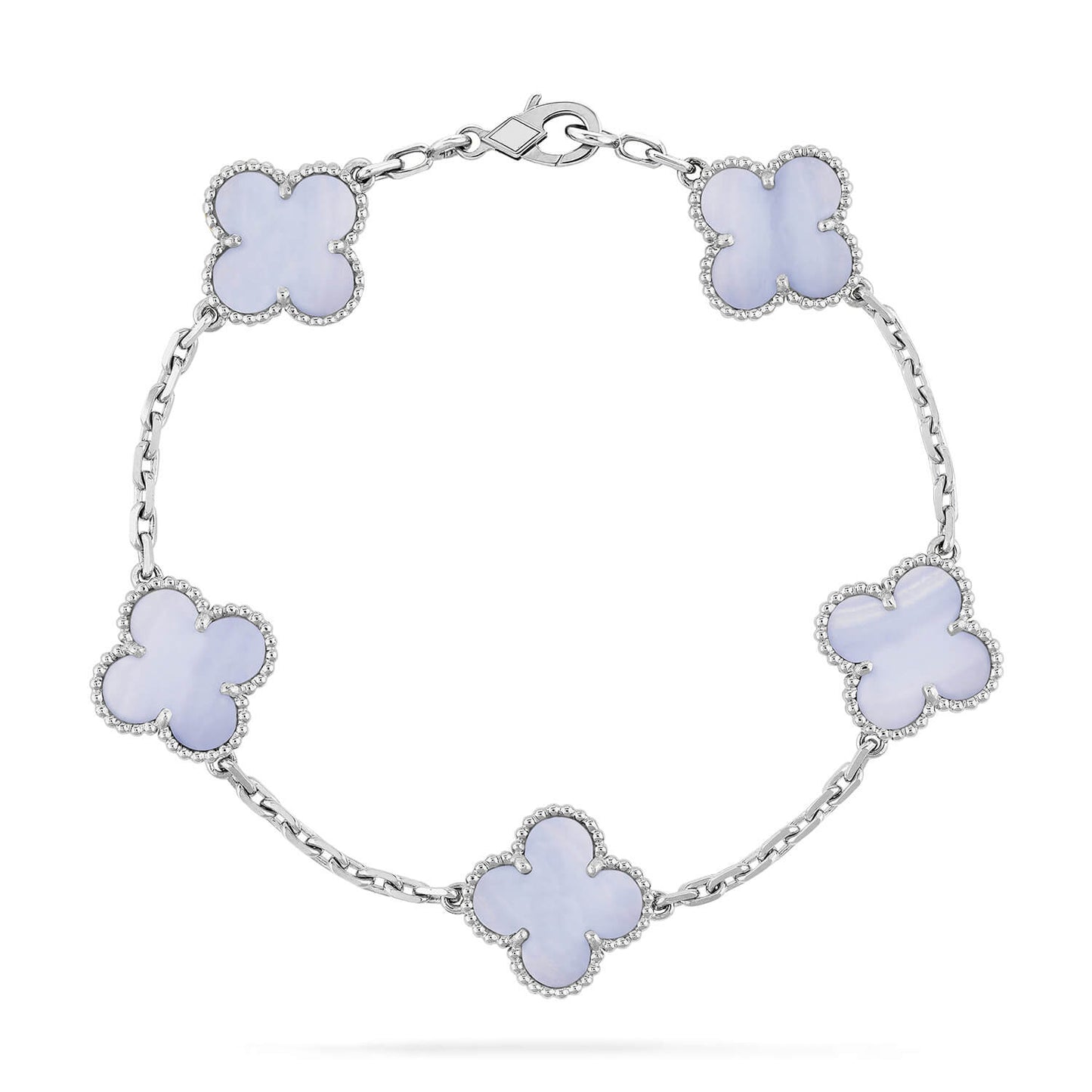 PULSERA DE PLATA CON 5 MOTIVOS DE TRÉBOL DE DIANA, CALCEDONIA MORADA